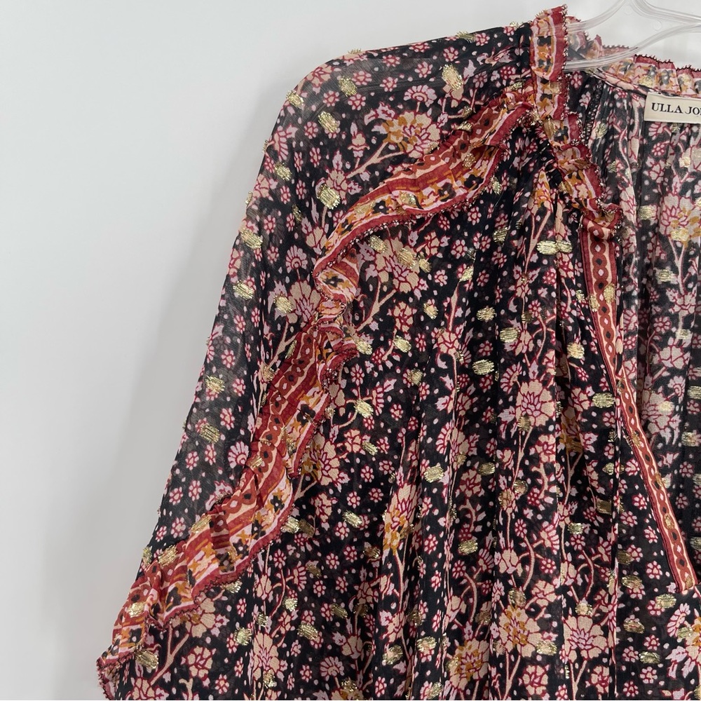 Ulla Johnson Black Floral Boho Peasant Blouse with Red Accents - Picture 6 of 12